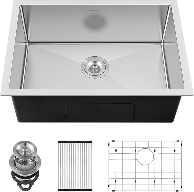 25-inch Undermount Kitchen Sink, SINKVINE Stainless Steel Single Bowl Indoor and Outdoor Sink for Laundry RV, with 3.5-inch Drain Strainer, Bottom Grid Protector, Roll-up Drying Unit, 25 x 18