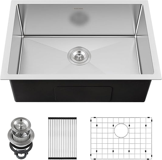 25-inch Undermount Kitchen Sink, SINKVINE Stainless Steel Single Bowl Indoor and Outdoor Sink for Laundry RV, with 3.5-inch Drain Strainer, Bottom Grid Protector, Roll-up Drying Unit, 25 x 18