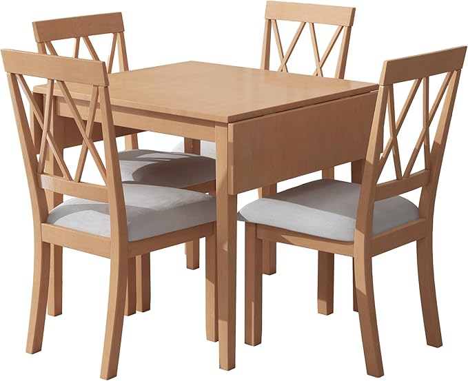 Ball & Cast 5-Piece Farmhouse Drop Leaf Folding Dining Table with Chairs, 29.57"~45.67" Extendable Table w/4pcs Backrest Dining-Chair, Foldable Kitchen Breakfast Set for 4,Space Saving,Natural