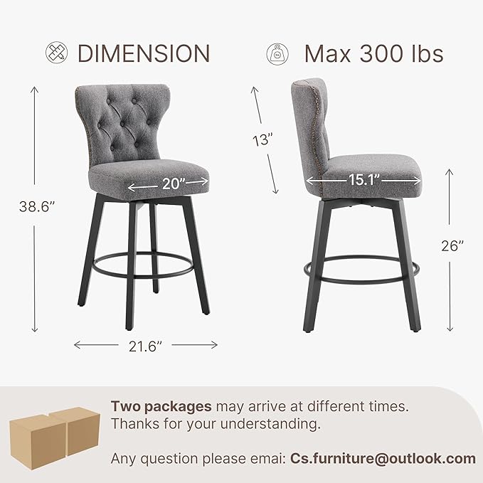 KISLOT Counter Height Barstools 26 inch Upholstered Button Tufted Swivel Bar Stools with Back for Kitchen Island,Set of 4,Dark Grey Fabric