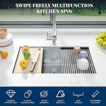 GarveeTech Undermount Kitchen Sink 30 x 19 x 10 Inch, Single Bowl Workstation Stainless Steel Sink with Integrated Ledge, Brushed Finish, Includes Bottom Grid & Drain Assembly