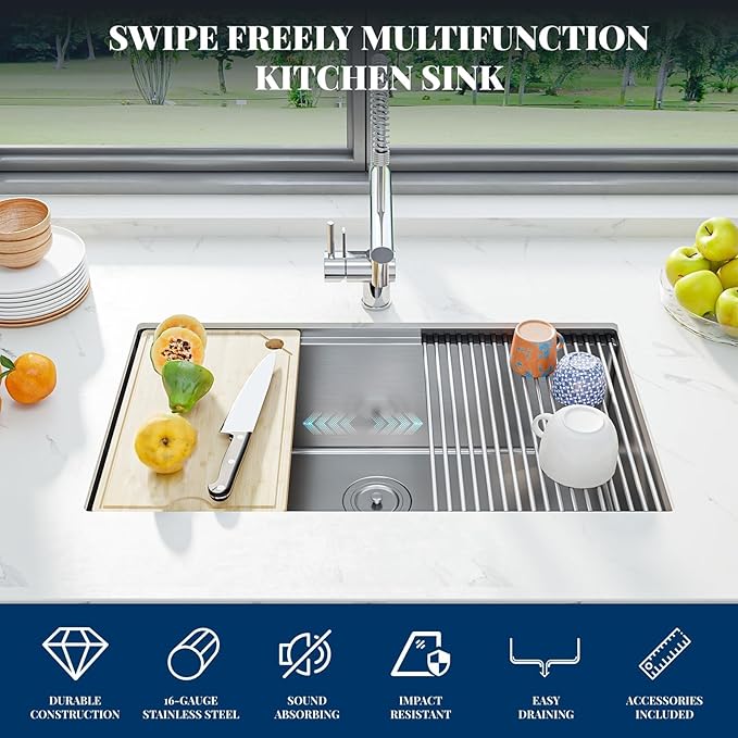 GarveeTech Undermount Kitchen Sink 36 x 19 x 10 Inch, Single Bowl Workstation Stainless Steel Sink with Integrated Ledge, Brushed Finish, Includes Bottom Grid & Drain Assembly