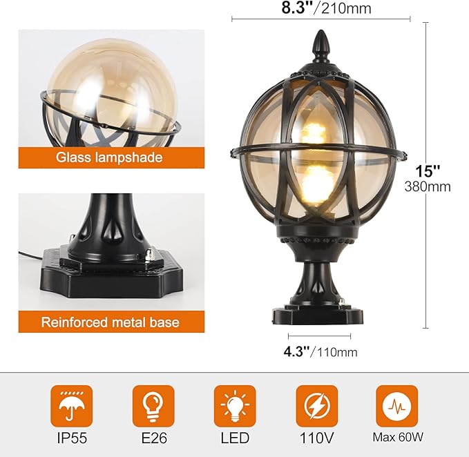 Outdoor Post Light Fixture, E26 Base 60W Max Column Lights with Black Aluminum Housing Plus Amber Glass IP55 Waterproof Exterior Pillar Lantern for Driveway Yard Lawn Patio Garden