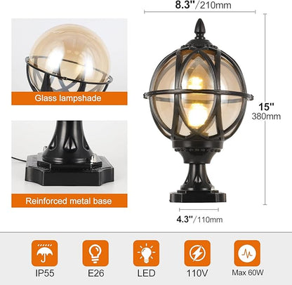 Outdoor Post Light Fixture, E26 Base 60W Max Column Lights with Black Aluminum Housing Plus Amber Glass IP55 Waterproof Exterior Pillar Lantern for Driveway Yard Lawn Patio Garden