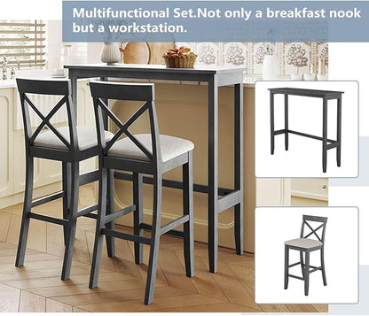 Farmhouse 48" Rectangular Wood Height Dining Set Kitchen Breakfast Nook with 2 Chairs for Small Places Solid Wood Gray+Beige 3-Piece Breakfast Nook Kitchen Island Durable