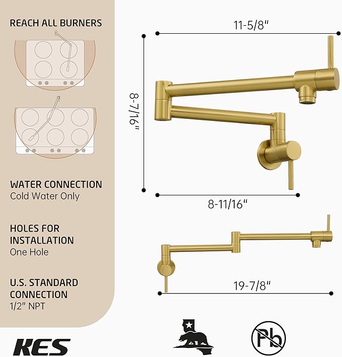 KES Kitchen Gold Pot Filler Folding Faucet Brass Double Joint Swing Arm Sink Faucet Articulating Wall Mount Two Handle Brushed Gold, KN926LFF18-BZ