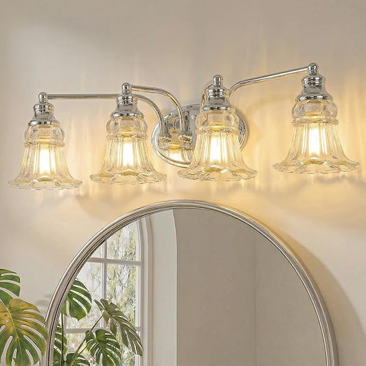 4-Light Bathroom Light Fixtures Over Mirror, Vintage Vanity Lights with Clear Floral Glass Shades, Chrome