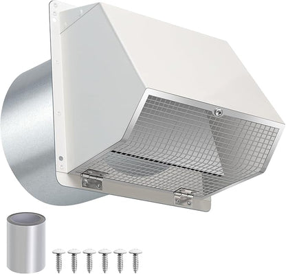 10 Inch Hooded Wall Vent with Screen and Damper, Outdoor Wall Exhaust Vent Cover Cap for Kitchen Range Hood Dryer Exterior Ventilation and Outside Air Exhaust, Galvanized Steel, White