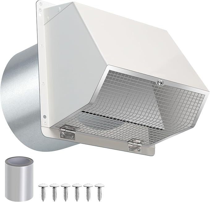 12 Inch Hooded Wall Vent with Screen and Damper, Outdoor Wall Exhaust Vent Cover Cap for Duct Dryer Range Hood Exterior Heating Cooling Ventilation and Outside Air Exhaust, Galvanized Steel, White