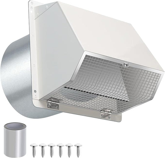12 Inch Hooded Wall Vent with Screen and Damper, Outdoor Wall Exhaust Vent Cover Cap for Duct Dryer Range Hood Exterior Heating Cooling Ventilation and Outside Air Exhaust, Galvanized Steel, White