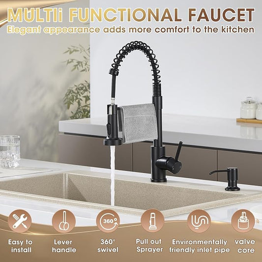 Kitchen Faucet with Pull Down Sprayer, Matte Black High Arc Single Handle Spring Pull Out Stainless Steel Faucet for Kitchen Sink, 2 Mode Utility Ideal for Laundry Camper Bar RV Room