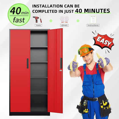 INTERGREAT Metal Storage Cabinet, 72" Locking Steel Cabinets with 2 Door and 4 Adjustable Shelves, Tall Metal Cabinet for Home Office, Garage, Warehouse,(Black+Red)