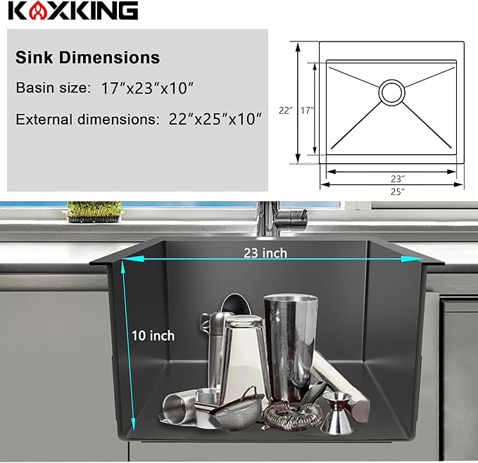 25x22 Inch Black Stainless Steel Kitchen Sink - Single Bowl Topmount Drop-In, 18 Gauge with Bottom Grid & Drain Strainer