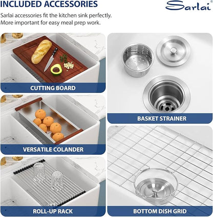 Sarlai 33 White Farmhouse Sink Double Bowl - 33 Inch White Kitchen Sink Ledge Workstation Ceramic Porcelain Fireclay Double Bowl 50/50 Apron Front Reversible Deep Rectangular Farm Sinks