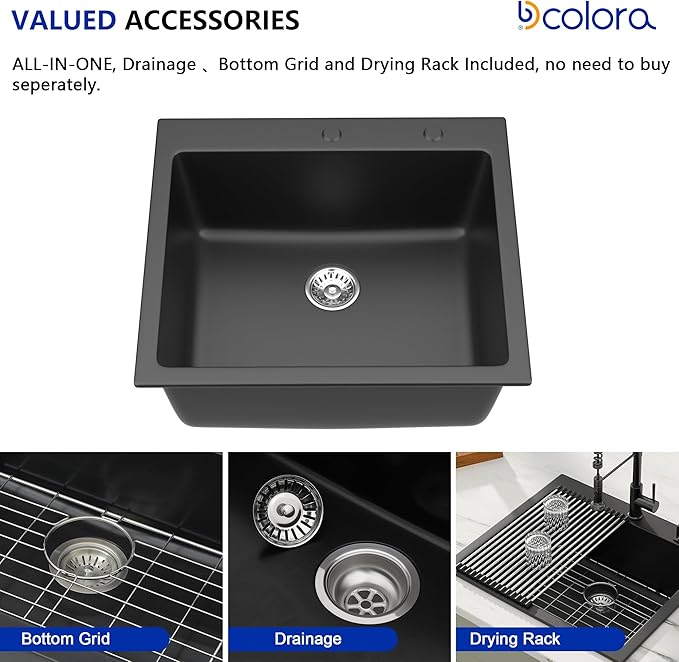 Dcolora 25" Quartz Sink Drop In Wet Bar Sink Black Prep Kitchen Sink Topmount Deep Single Bowl, 25"x22", Round Corner, DC-GU7753