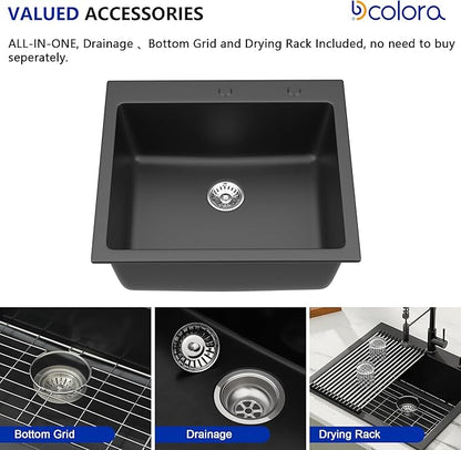 Dcolora 25" Quartz Sink Drop In Wet Bar Sink Black Prep Kitchen Sink Topmount Deep Single Bowl, 25"x22", Round Corner, DC-GU7753