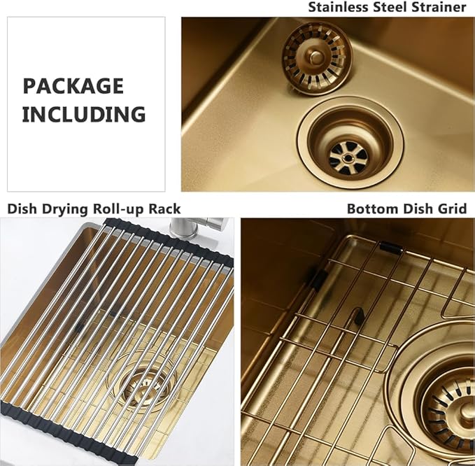 13 Inch Gold Bar Sink Undermount-VASOYO 13x15 Inch Undermount Bar Sink Gold Small Rv Kitchen Sinks Outdoor Island Sinks 16 Gauge Stainless Steel Single Bowl Basin with Bottom Grid