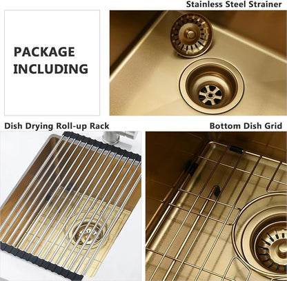 13 Inch Gold Bar Sink Undermount-VASOYO 13x15 Inch Undermount Bar Sink Gold Small Rv Kitchen Sinks Outdoor Island Sinks 16 Gauge Stainless Steel Single Bowl Basin with Bottom Grid