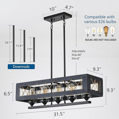 Black 5-Light Farmhouse Chandelier, Adjustable Rustic Kitchen Island Light Fixture for Dining Room and Kitchen Table