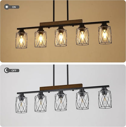 5-Light Dining Room Light Fixture/Chandelier Over Table, Island Lighting Hanging for Farmhouse Linear Chandeliers Matte Black Rustic Wood Ceiling Pendant Light Fixtures, with Clear Glass Shade