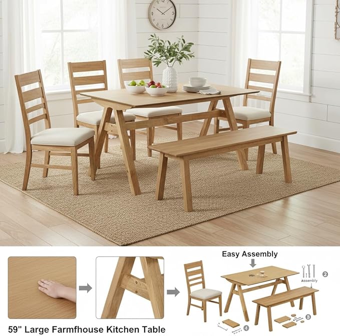 LukeAlon Solid Wood Dining Table 4-6-Seater 59" Large Farmhouse Kitchen Table, Heavy Duty Rustic Style, Natural Wood Dining Room Table for Home, Easy Assembly, Log