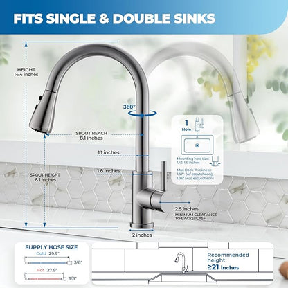 Kitchen Faucet with Pull Down Sprayer, VFAUOSIT Lead-Free Kitchen Sink Faucet Brushed Nickel Stainless Steel Modern High Arc Pull Out Single Hole Kitchen Faucets for Bar RV Bathroom Sink Faucets