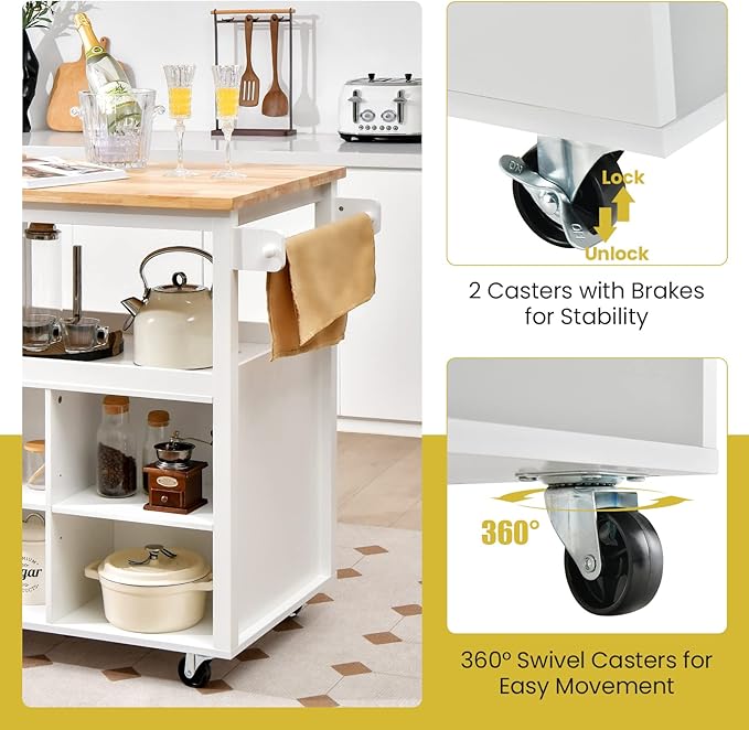 Giantex Kitchen Island Cart on Wheels, Rolling Island Table with Rubber Wood Top, Drawer, 3 Tier Spice Rack, 8 Storage Shelf & Cube, Serving Cart for Dining Room Bar, 46"x23.5"x39" White