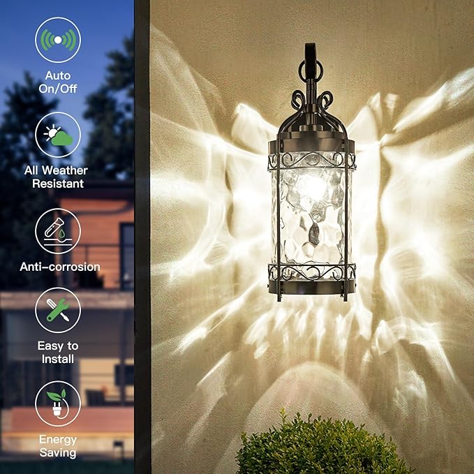 NLIEOPDA Large Dusk to Dawn Sensor Outdoor Wall Sconce,19.68" H Vintage Exterior Light Fixture with IP65 Waterproof,Classical European Style Porch Light with Water Glass for Front Door Balcony Porch