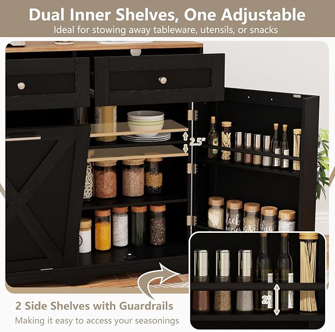 Giantex Kitchen Island with Tilt Out Trash Can Cabinet 10 Gallon, Power Outlet, 2 Drawers, Adjustable Shelves, Hidden Storage Garbage Bin Cabinet for Dining Room Laundry Room (Black+Walnut)