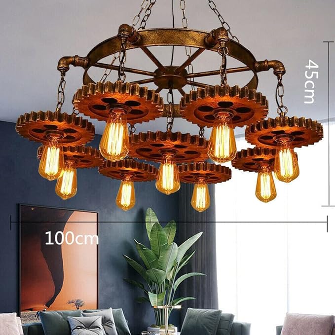 9-Light Retro Industrial Pendant Light Metal Gear Hanging Lamp Farmhouse Chandelier Pendant Lamp Fixture Adjustable Height for Restaurant Pool Table Kitchen Island Bar