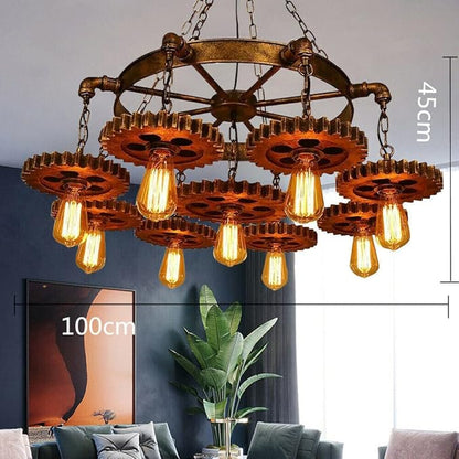 9-Light Retro Industrial Pendant Light Metal Gear Hanging Lamp Farmhouse Chandelier Pendant Lamp Fixture Adjustable Height for Restaurant Pool Table Kitchen Island Bar