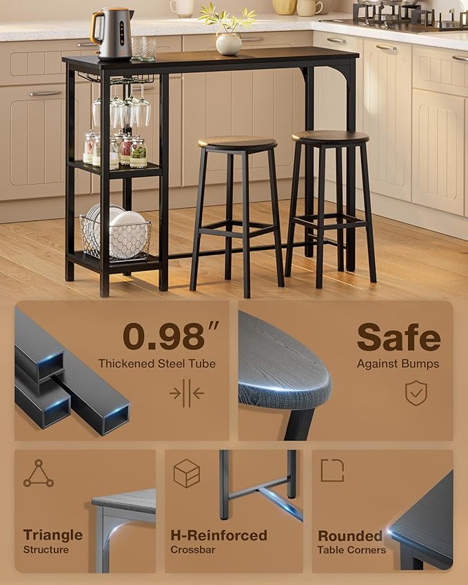 Qsun Small Bar Table Set for 2, Bar Table and Chairs Set for 2, Kitchen Table for 2 with 2 Storage Shelves & Wine Glass Holder, Dining Table for Small Apartment, Dining Room, Black