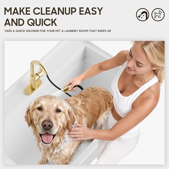Phiestina Brushed Gold Tall Bathroom Sink Faucet with Pull Down Sprayer, High Arc Single Handle Pull Out Faucet with Pop-Up Drain, 1 or 3 Hole Laundry Bar Basin Faucet with Deck Plate,WE10CL-ZY-BG