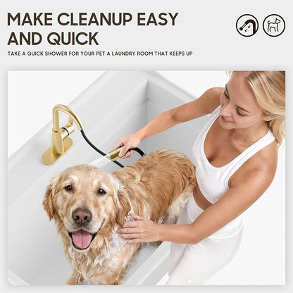 Phiestina Brushed Gold Tall Bathroom Sink Faucet with Pull Down Sprayer, High Arc Single Handle Pull Out Faucet with Pop-Up Drain, 1 or 3 Hole Laundry Bar Basin Faucet with Deck Plate,WE10CL-ZY-BG