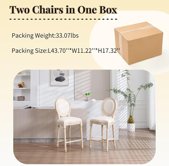 French Country Upholstered Bar Stools Set of Two, Natural Rattan Round Backrest, Solid Wood Frame with Carving and Wire Drawing Techniques, Vintage Dining Chairs for Kitchen Island (Beige B)