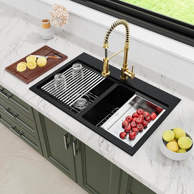 Davivy 33 Inch Black Drop in/Top Mount Double Bowl Kitchen Sink, 50/50 Split Black Granite Composite Double Kitchen Sink Workstation, Deep Double Bowl Design with Accessories