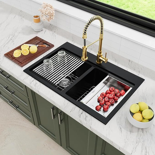 Davivy 33 Inch Black Drop in/Top Mount Double Bowl Kitchen Sink, 50/50 Split Black Granite Composite Double Kitchen Sink Workstation, Deep Double Bowl Design with Accessories