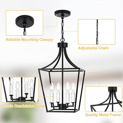 4-Light Black Lanter Chandelier, Height Adjustable Hanging Lighting, Farmhouse Dining Room Pendant Light Fixture for Kitchen Island Entryway Staircase, E12 Bulb Base