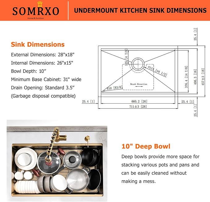 28 Inch Undermount Kitchen Sink Gold - 16 Gauge Gold Satainless Steel Kitchen Sink Undermount 28x18,10 Inch Deep Single Bowl Workstation Sinks with Accessories