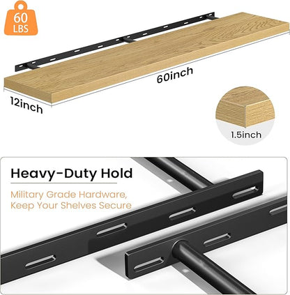12 Inch Deep Floating Shelves, 60W x 12D Floating Shelf for Books, Rustic Wood Deep Wall Shelves for Home Storage & Display, 1.5" Thicked Shelves for Kitchen, Living Room, Bedroom, Oak, 1 Pack