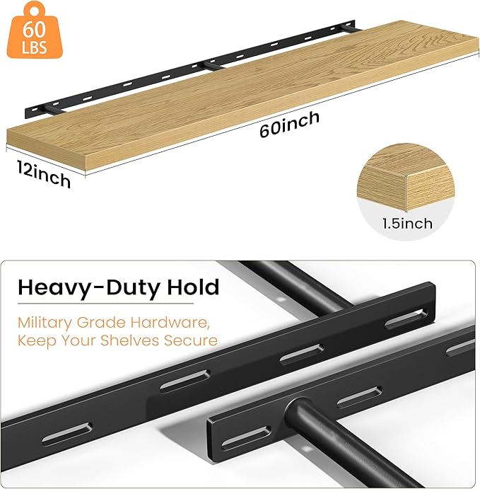 12 Inch Deep Floating Shelves, 60W x 12D Floating Shelf for Books, Rustic Wood Deep Wall Shelves for Home Storage & Display, 1.5" Thicked Shelves for Kitchen, Living Room, Bedroom, Oak, 2 Pack
