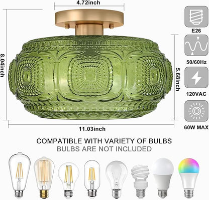 Semi Flush Mount Ceiling Light, Upgraded Larger Green Glass Ceiling Light Fixture, Vintage Lighting for Hallway Kitchen Bedroom Dining Room, Bulb Not Included