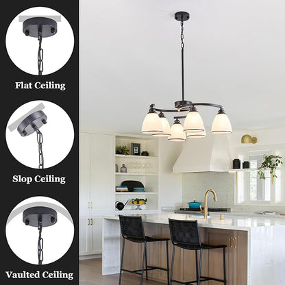 6-Light Modern Chandelier Light Fixture for Dinner Room, Matte Black Hanging Lamp with Frosted Milk White Glass Lampshade, Adjustable Height Pendant Ceiling Light for Island Entryway Office Bedroom
