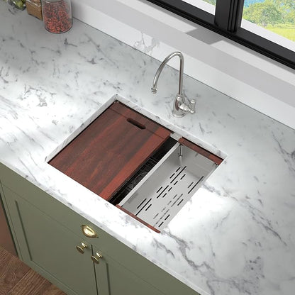 Mocoloo 24 Inch Undermount Kitchen Sink - 24 x 19 Bar Sinks Stainless Steel 16 Gauge Single Bowl Under Counter Small Kitchen Sink Workstation 10'' Deep Handmade Basin