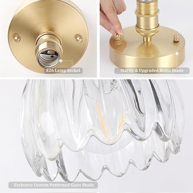 Shenmoyl Semi Flush Mount Gold Vintage Lights Fixture, Clear Tulip Glass, Bulb Included, 4.72" Base Modern Ceiling Light for Porch, Corridor, Kitchen, Bedroom