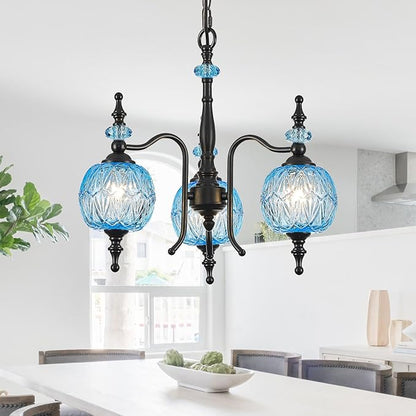 Vintage Blue Pendant Light Fixtures, 3-Light Chandeliers for Kitchen Bedroom Living Room Dining Room Hallway