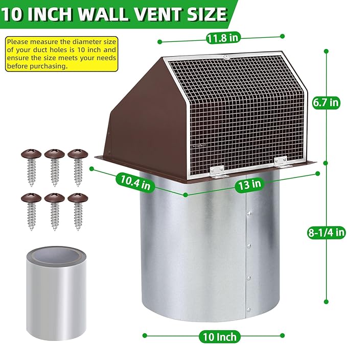 10 Inch Hooded Wall Vent with Screen and Damper, Outdoor Wall Exhaust Vent Cover Cap for Kitchen Range Hood Dryer Exterior Ventilation and Outside Air Exhaust, Galvanized Steel, Brown