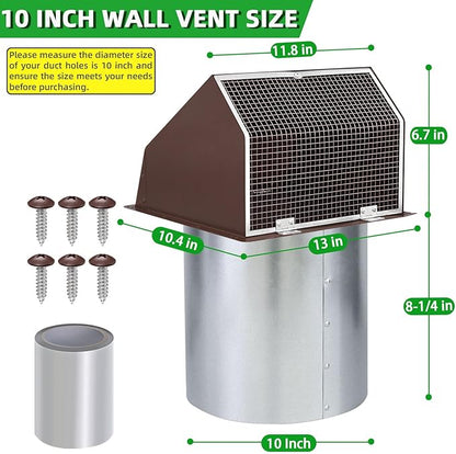 10 Inch Hooded Wall Vent with Screen and Damper, Outdoor Wall Exhaust Vent Cover Cap for Kitchen Range Hood Dryer Exterior Ventilation and Outside Air Exhaust, Galvanized Steel, Brown