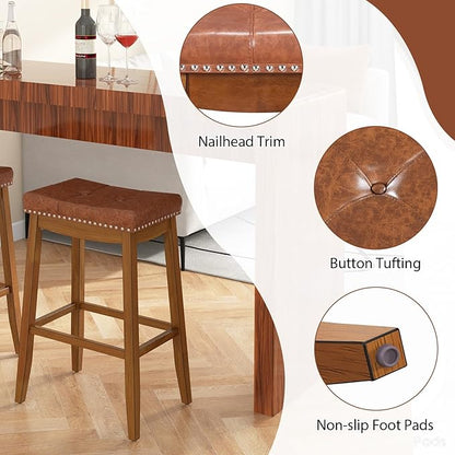 COSTWAY Saddle Bar Stools Set of 2, 29-Inch Bar Height Barstools w/PU Leather Seat, Solid Rubber Wood Frame, Footrest, Mid-Century Backless Bar Stools for Kitchen Island Home Bar