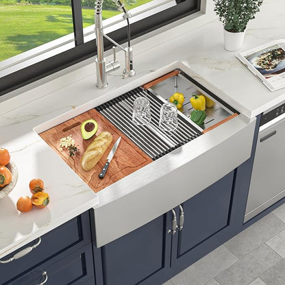 33 Farmhouse Sink Double Bowl - Lordear 33x22 Stainless Steel Kitchen Sinks Apron Front Double Basin 60/40 Low Divide Workstation Farm Sinks with Buit in Accessories, 9" Apron Height